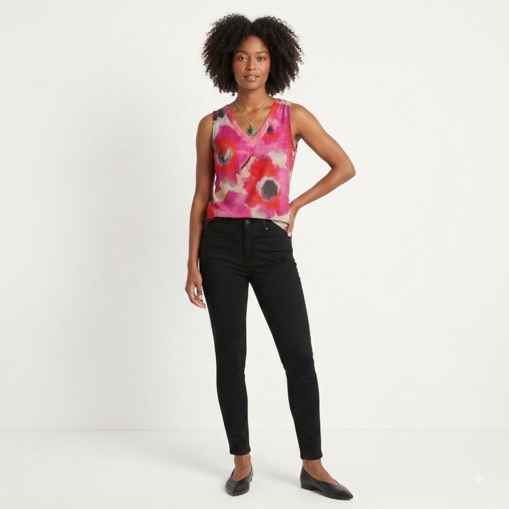INC Abstract Floral V Neck Sheer Chiffon Overlay Artsy Officewear Basic Layers
